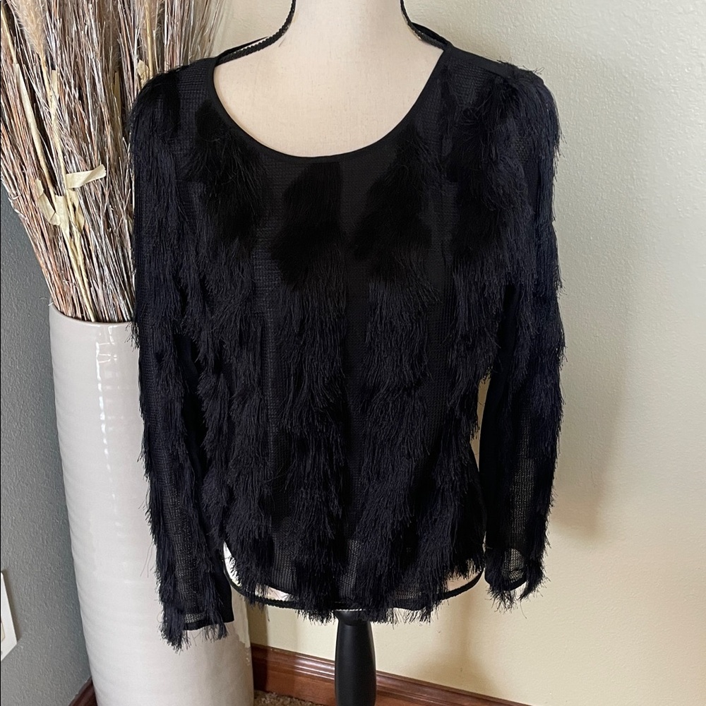 Ann Taylor Black Striped Fringe Long Sleeve Blouse Size Small - Picture 3 of 10
